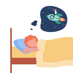 Kid dreaming cosmic flight. Boy resting in bed, sleeping in bedroom. Flat vector illustration. Childhood, space exploration, hobby concept for banner, website design or landing web page