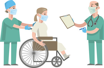 Young woman in a wheelchair at the doctor's appointment. A doctor in medical uniform transports a patient in a wheelchair. Distribution of patients in the hospital. Flat infographics. Vector