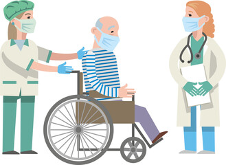 An elderly man in a wheelchair at a doctor's appointment. A doctor in medical uniform transports a patient in a wheelchair. Distribution of patients in the hospital. Flat infographics. Vector