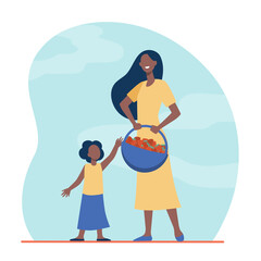 Fototapeta na wymiar Woman and kid carrying basket of strawberry. Mom and daughter, fresh berries, fruit. Flat vector illustration. Organic food, gardening, fruits concept for banner, website design or landing web page