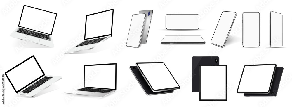 Poster realistic gadgets and devices mockups - 3d realistic smartphones, tablets and laptops in a variety o
