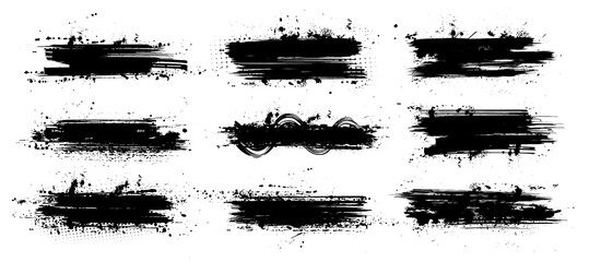 Ink paintbrush template with splashes. Vector collection black grunge paintbrush, ink brush stroke. Dirty artistic design elements. Inked splatter, dirt stain, splatter, brush with drops blots. Vector - obrazy, fototapety, plakaty