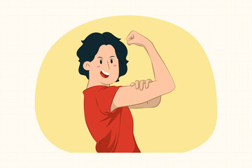 Obraz premium Funny young woman showing biceps, muscles concept