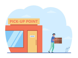 Customer carrying box from delivery service office. Pickup point, person receiving parcel, receiver. Flat vector illustration. Logistic, shipping concept for banner, website design or landing web page © PCH.Vector