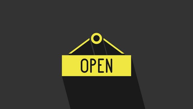 Yellow Hanging sign with text Open door icon isolated on grey background. 4K Video motion graphic animation