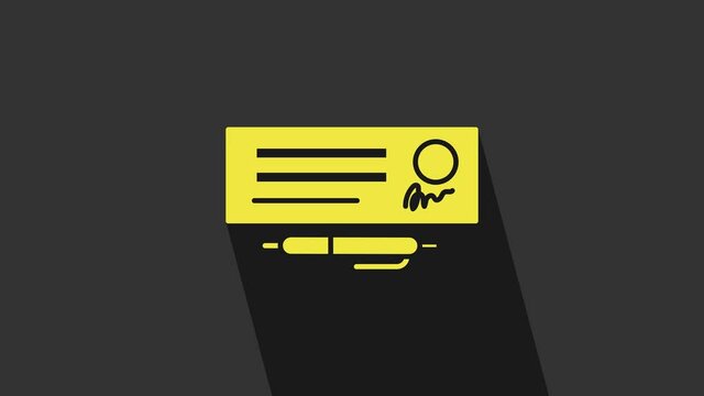 Yellow Blank template of the bank check and pen icon isolated on grey background. Checkbook cheque page with empty fields to fill. 4K Video motion graphic animation