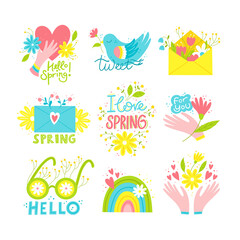 Spring themed set of cute colorful hand drawn vector illustrations. Collection of springtime elements with flowers, hands and lettering.