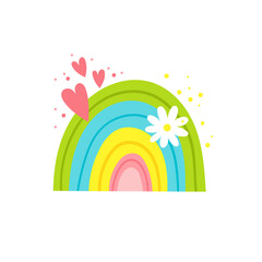 Rainbow with hearts and flower. Cute hand drawn vector illustration.