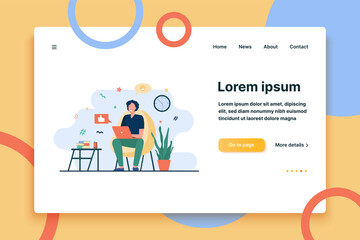 Happy freelancer with computer at home. Young man sitting in armchair and using laptop, chatting online and smiling. Vector illustration for distance work, online learning, freelance concept