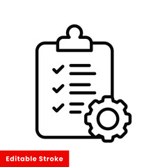 Clipboard and gear icon. Project management concept line style. Technical support check list with cog. Software development concept. Vector illustration for web and app. Editable stroke EPS 10