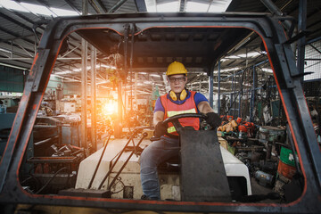 worker forklift driver working in industrial factory or warehouse. worker Asia