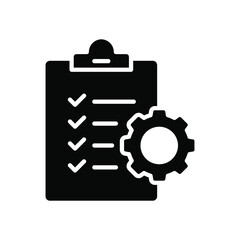 Clipboard and gear icon. Project management concept solid style. Technical support check list with cog. Software development concept. Vector illustration for web and app. EPS 10