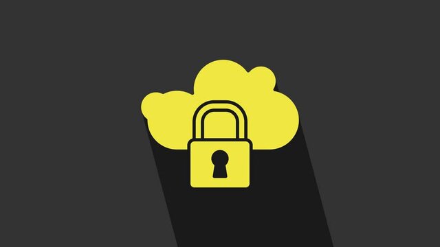 Yellow Cloud computing lock icon isolated on grey background. Security, safety, protection concept. Protection of personal data. 4K Video motion graphic animation