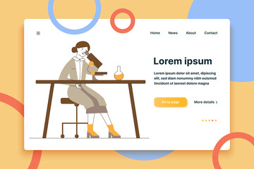Assistant doing lab research. Woman in white coat using microscope at table with flask flat vector illustration. Laboratory, biochemistry concept for banner, website design or landing web page