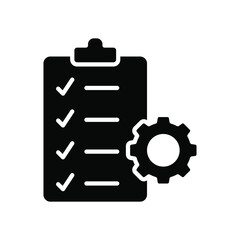 Clipboard and gear icon. Project management concept solid style. Technical support check list with cog. Software development concept. Vector illustration for web and app. EPS 10