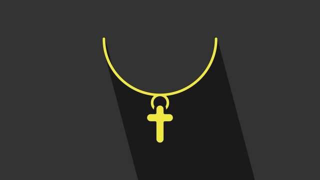 Yellow Christian cross on chain icon isolated on grey background. Church cross. 4K Video motion graphic animation