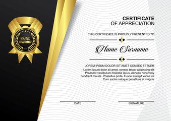 Certificate design template with luxury badge, modern shapes, line wave background Vector illustration