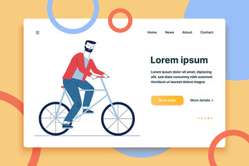 Bearded man riding bike. Male character travel by bicycle flat vector illustration. Eco transport, outdoor activity, cycling concept for banner, website design or landing web page