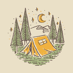 Camping nature adventure wild line badge patch pin graphic illustration vector art t-shirt design