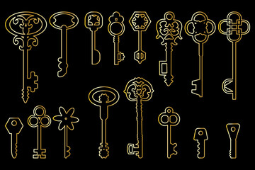 Vintage golden keys set. Gold house. Elegant decoration. Collection game art. Stock image. EPS 10.