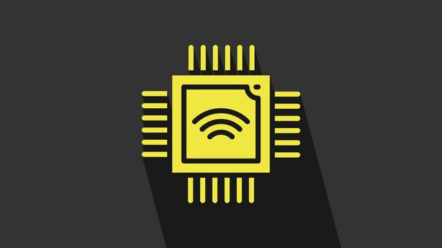 Yellow Computer processor with microcircuits CPU icon isolated on grey background. Chip or cpu with circuit board. Micro processor. 4K Video motion graphic animation