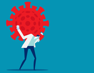 Doctor holding a giant virus. Burden due virus pandemic