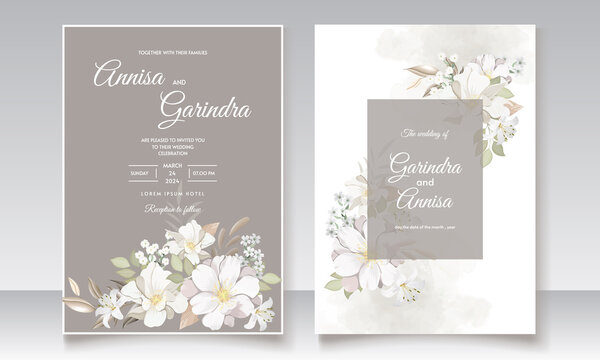 Floral Wedding Invitation Template Set With White Flower And Leaves  Decoration Premium Vector