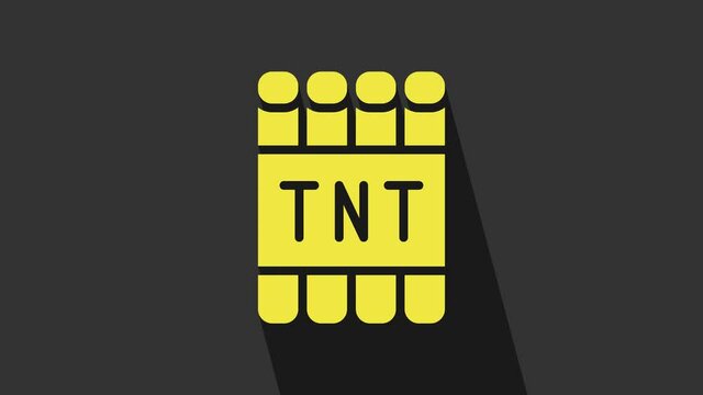 Yellow Detonate dynamite bomb stick and timer clock icon isolated on grey background. Time bomb - explosion danger concept. 4K Video motion graphic animation