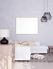 mock up poster frame in interior background. 3D Illustration