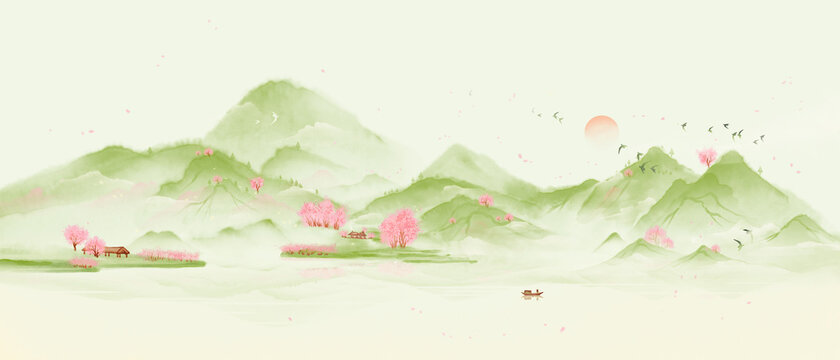 Green countryside forest scenery. Pink trees and green landscape.Oriental ink landscape painting