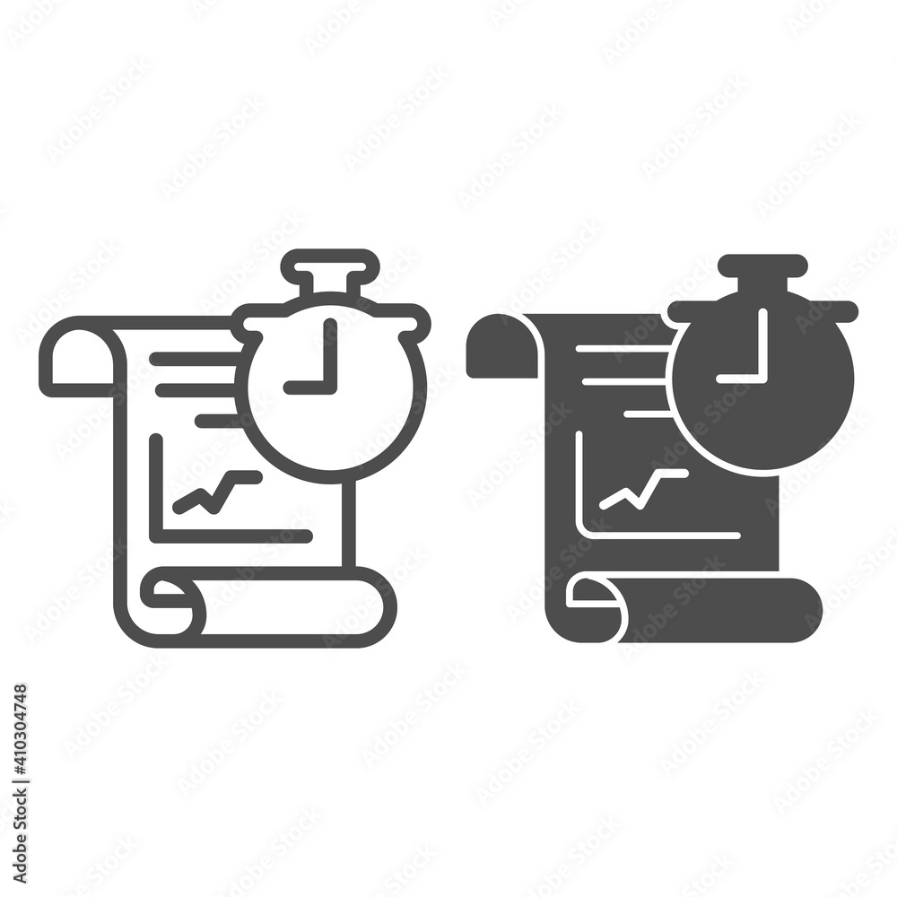 Poster report and clock line and solid icon, startup concept, schedule sign on white background, office gra