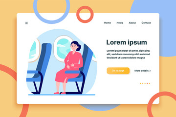 Obraz na płótnie Canvas Happy pregnant woman travelling by plane. Seat, flight, trip flat vector illustration. Motherhood and parenthood concept for banner, website design or landing web page