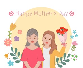 Mother's Day comic characters vector illustration, mother and daughter celebrating holiday, card surrounded by flowers