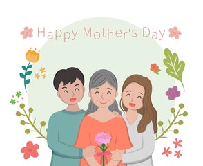 Mother's Day comic characters vector illustration, mother and son and daughter celebrating holiday, card surrounded by flowers