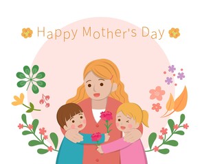 Mother's Day comic characters vector illustration, mother and son and daughter celebrating holiday, card surrounded by flowers
