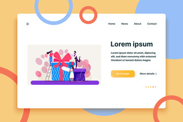 Friends celebrating birthday, packing gifts. People standing at present boxes, holding tag. Vector illustration for surprise, party, festive event, loyalty program reward concept