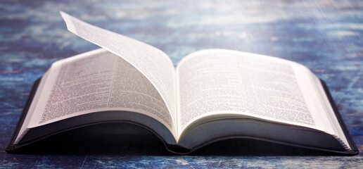 Bible Open on a Rustic Blue Wooden Table