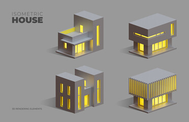 Isometric 3D Rendering Elements of Houses