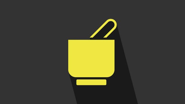 Yellow Mortar and pestle icon isolated on grey background. 4K Video motion graphic animation