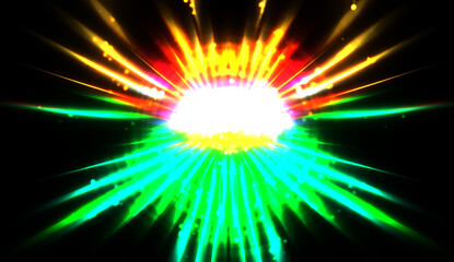 Pretty background of crossing beams of light and glowing particles. Wallpaper of vibrant colorful lights. Shinny light display..