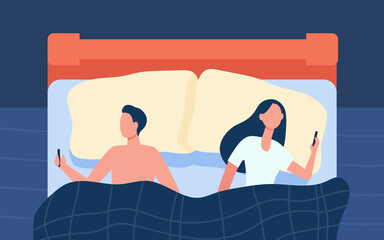 Couple using cellphones in bedroom. People lying in bed, looking at gadget screens. Flat vector illustration. Insomnia, sleep problem concept for banner, website design or landing web page