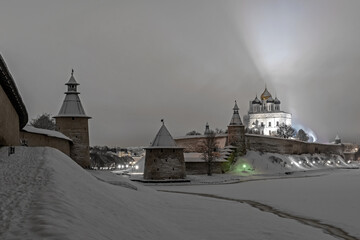 Pskov Kremlin and Trinity Cathedral at night	