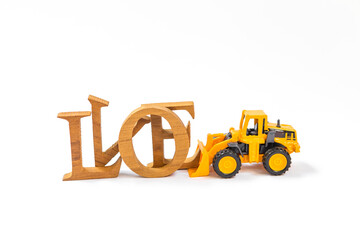 Yellow truck moving love wooden font on white background, clearing old love, valentine concept background
