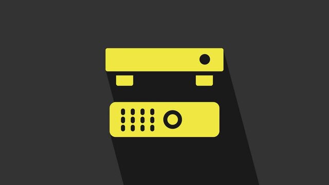 Yellow Multimedia and TV box receiver and player with remote controller icon isolated on grey background. 4K Video motion graphic animation