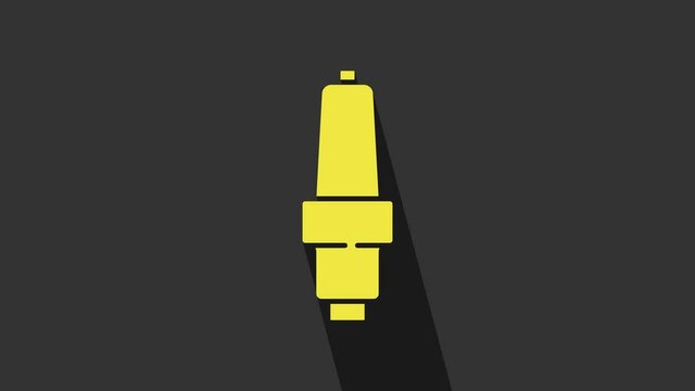 Yellow Car spark plug icon isolated on grey background. Car electric candle. 4K Video motion graphic animation