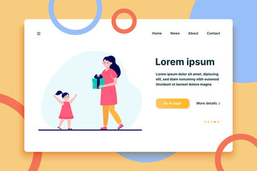 Happy mother holding gift for little daughter. Present, kid, love flat vector illustration. Parenthood and family concept for banner, website design or landing web page