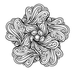 Black and white ethnic style floral mandala pattern for antistress coloring. Abstract coloring page.