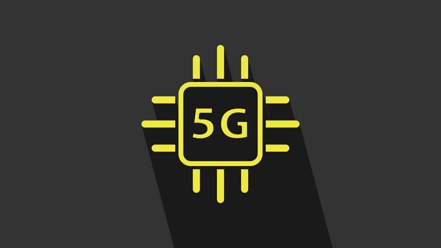 Yellow Computer processor 5G with microcircuits CPU icon isolated on grey background. Chip or cpu with circuit board. Micro processor. 4K Video motion graphic animation