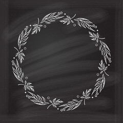 Round floral frame on a chalkboard background. Spring wreath. Monogram, wedding invitation, greeting card template.