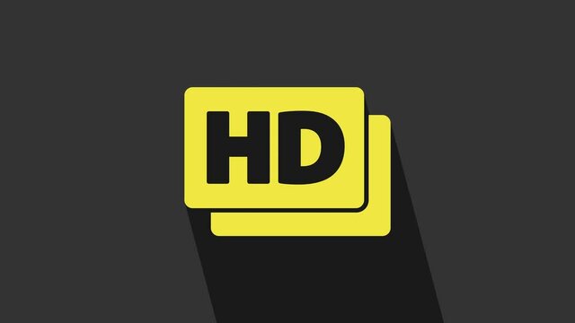 Yellow Hd movie, tape, frame icon isolated on grey background. 4K Video motion graphic animation